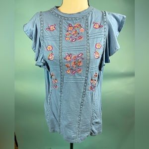 Blue embroidered flower blouse